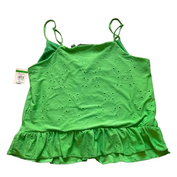 Vero Moda Green Crop Top Tank Eyelet Spaghetti Straps smocked ruffle Size L - Picture 2 of 10